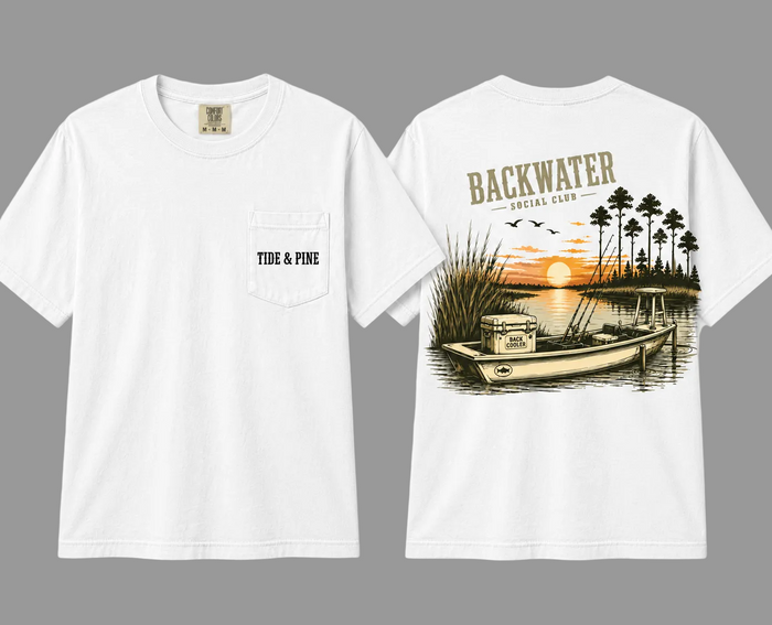 Tide & Pine Backwater Social Club Pocket Tee – front and back view in white