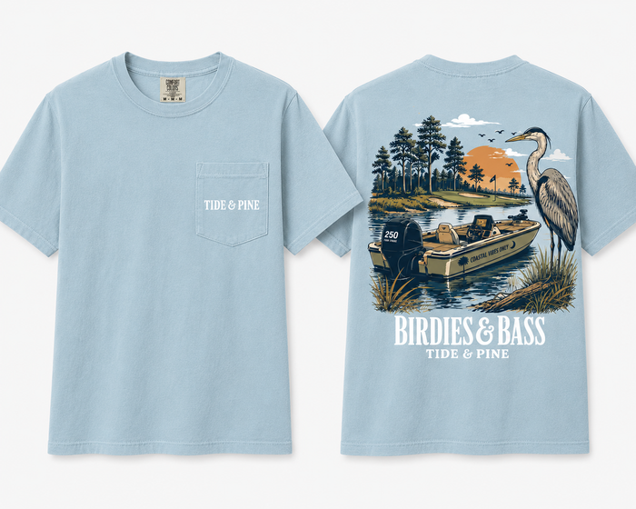 Tide & Pine Birdies & Bass Pocket Tee – front and back view in chambray blue