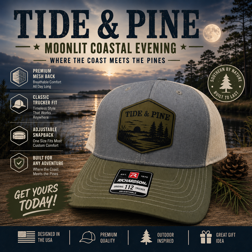 Moonlit Coastal Evening - Tide & Pine Leather Patch Trucker Hat