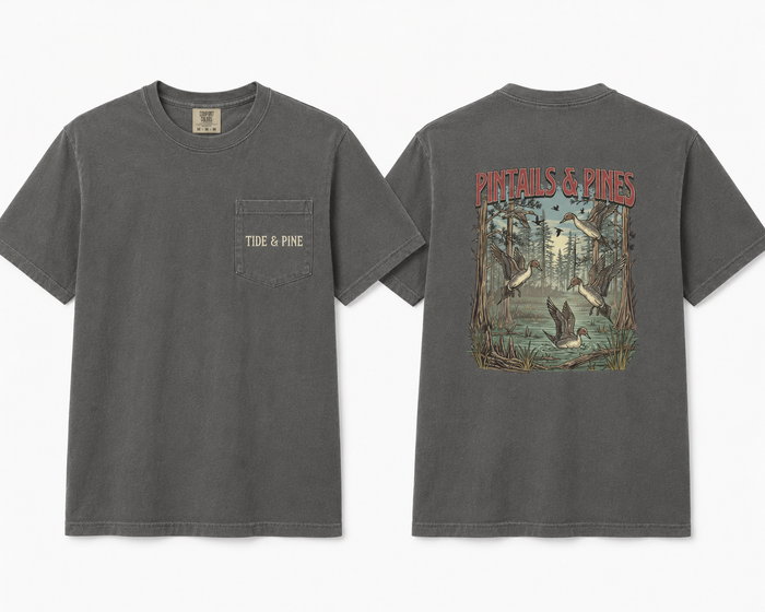 Tide & Pine Pintails & Pines Pocket Tee – front and back view in pepper grey