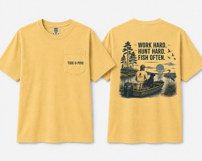 Tide & Pine Work Hard Hunt Hard Fish Often Pocket Tee – front and back view in butter yellow
