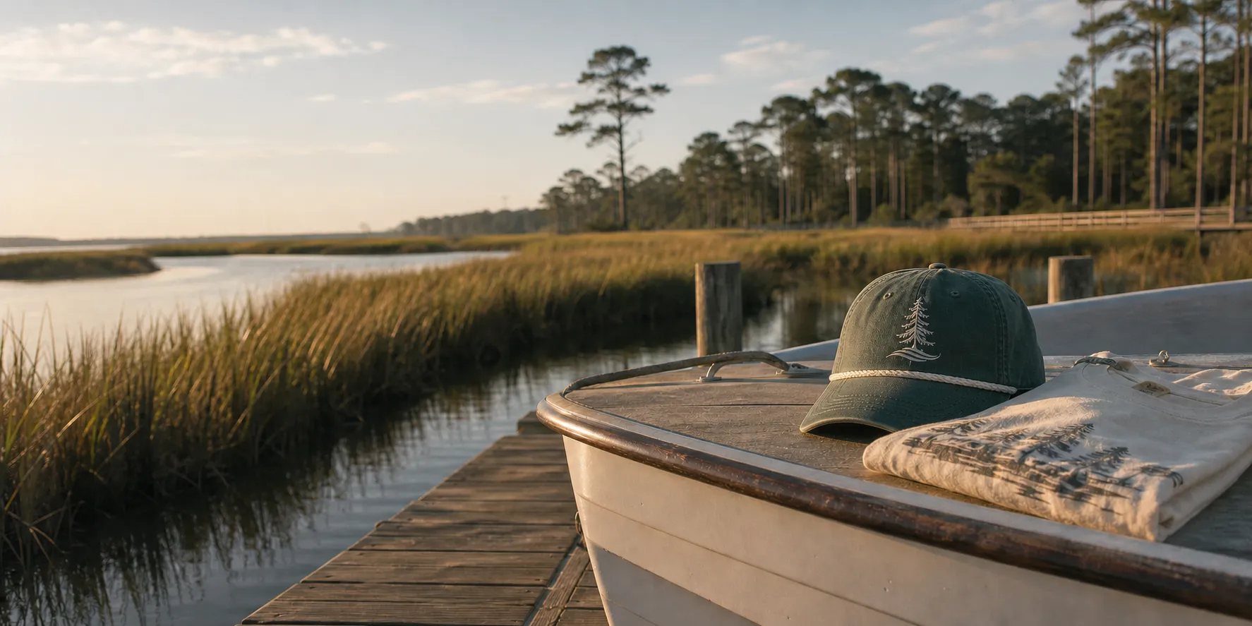 Golden-hour Carolina marsh with pine trees along the water